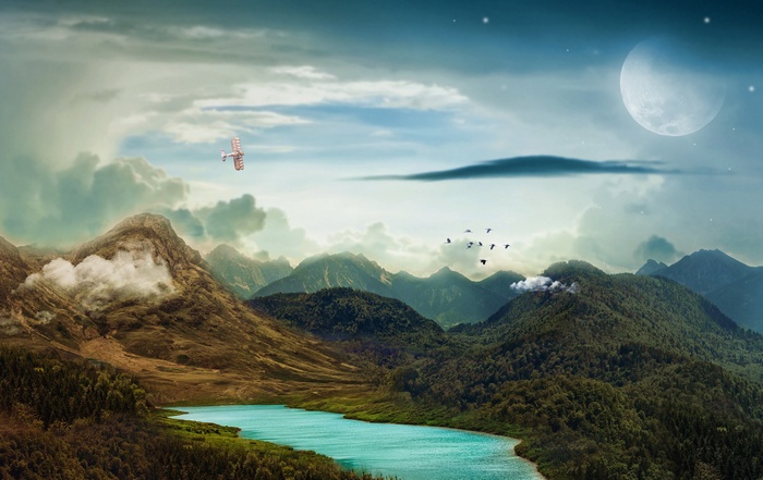 4K Landscape of Mountains, Moon, and Lake with Biplane