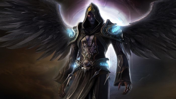Dark angel with black wings and glowing armor