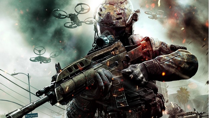 Soldier with rifle and drones in Call of Duty Black Ops