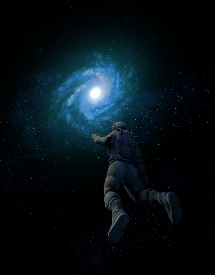 Astronaut reaching towards a blue spiral galaxy