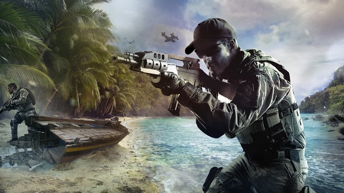 Soldiers on a tropical beach with a boat and aircraft