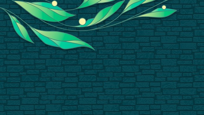 Green leaves and yellow dots on a dark blue brick wall