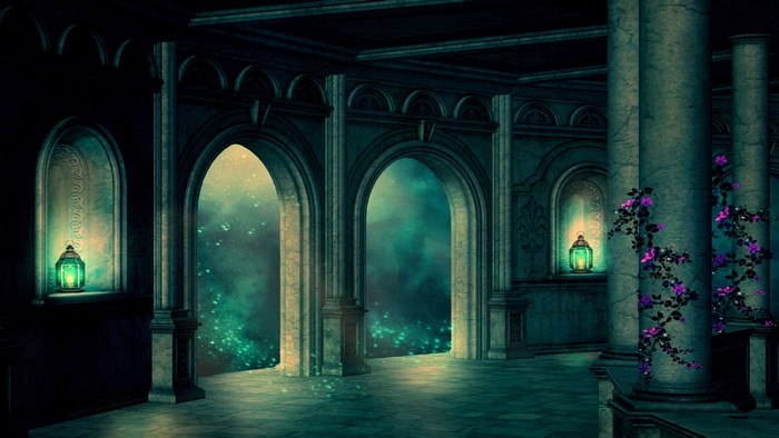 Fantasy palace interior with glowing arches