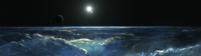 Planetary landscape with celestial bodies and clouds
