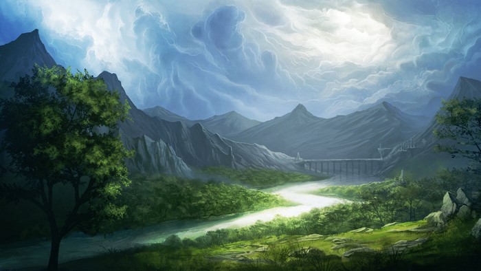 Fantasy landscape with mountains and river