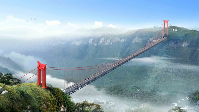 4K Red suspension bridge over misty mountains