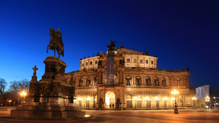 Dresden State Opera at Dusk with Equestrian Statue