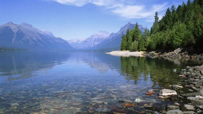 Lake and mountains with clear water and pine trees