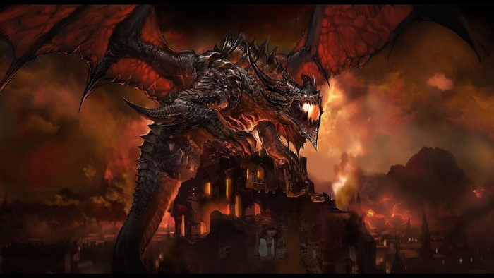 Dragon perched on a ruined castle