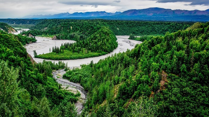 River winding through forested valley in Alaska