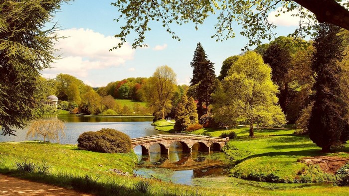 Stone bridge over a river in a park in Wiltshire, England