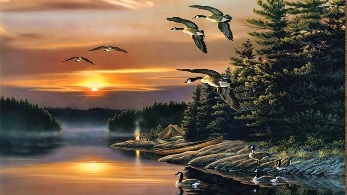 Geese flying over a lake at sunset with a campsite