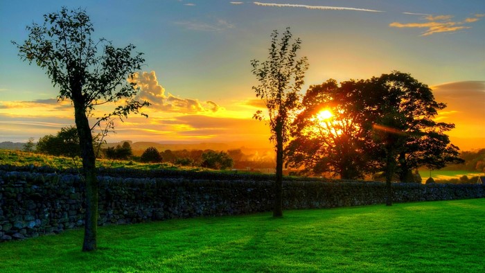Sunset over a stone wall and trees