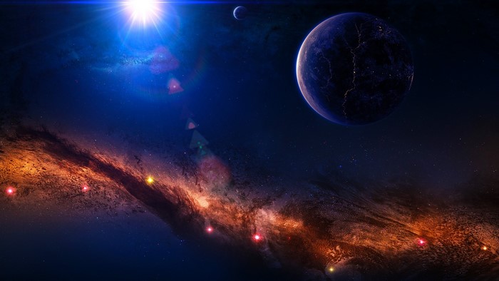 Milky Way galaxy with planets and stars