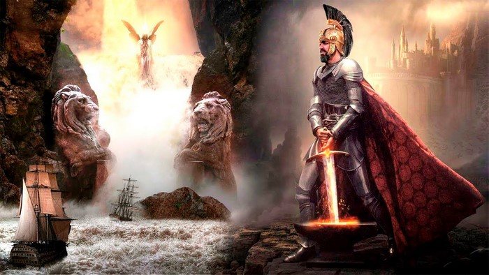 Knight with glowing sword and ancient statues