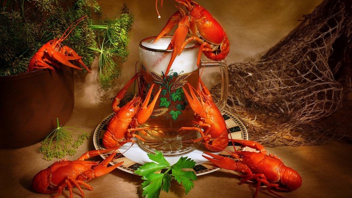 Still life with crayfish and beer