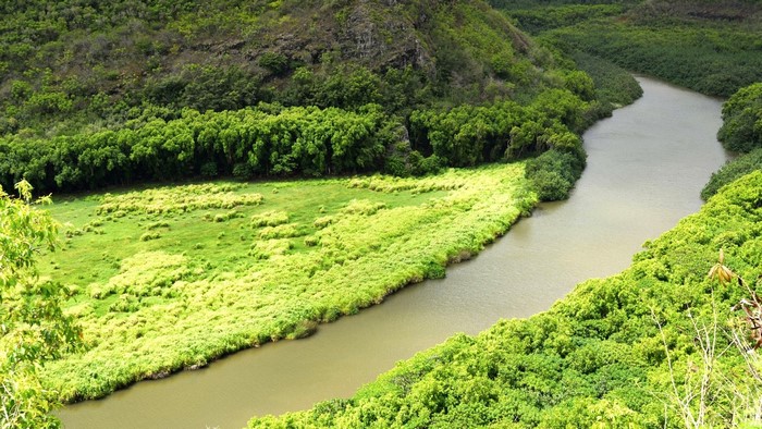 River flowing through a green valley with mountains
