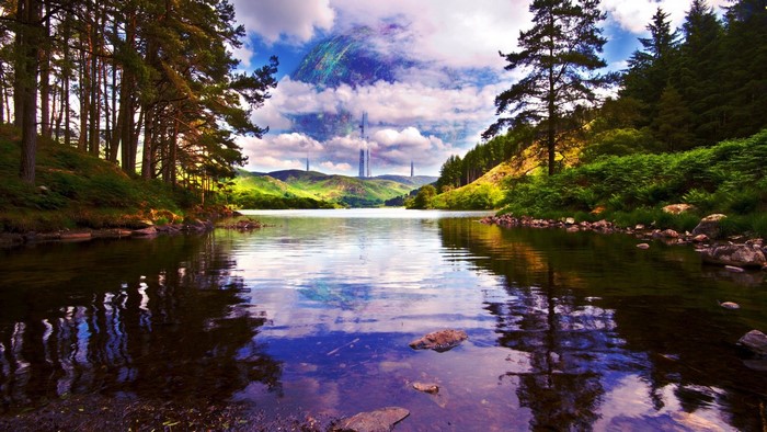 Futuristic towers on a planet with a lake