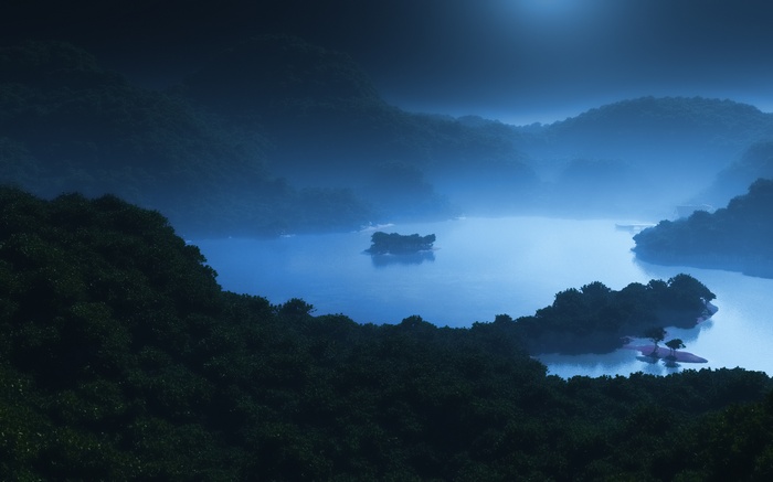Misty lake surrounded by forested hills under moonlight