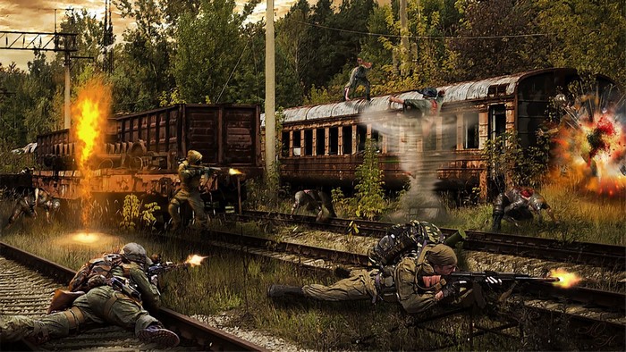 Stalkers fighting near a destroyed train