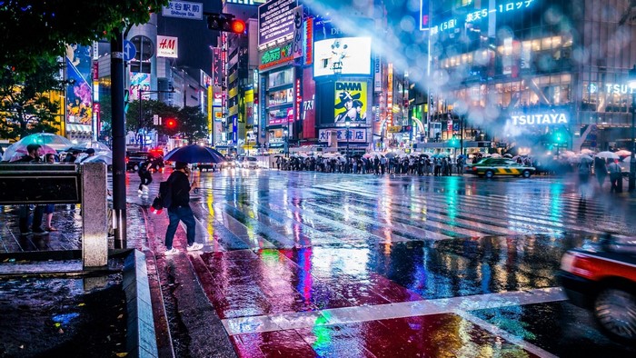 Shibuya Station at night in the rain