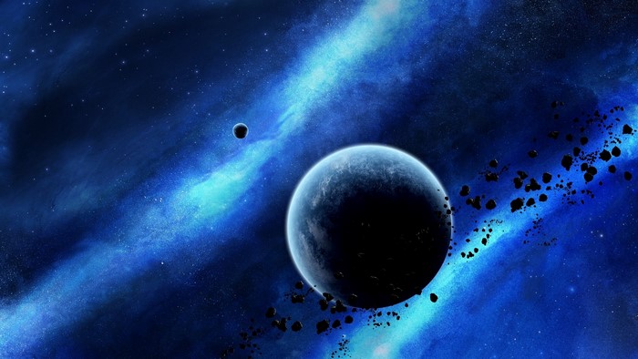 Planets and asteroids in a blue nebula