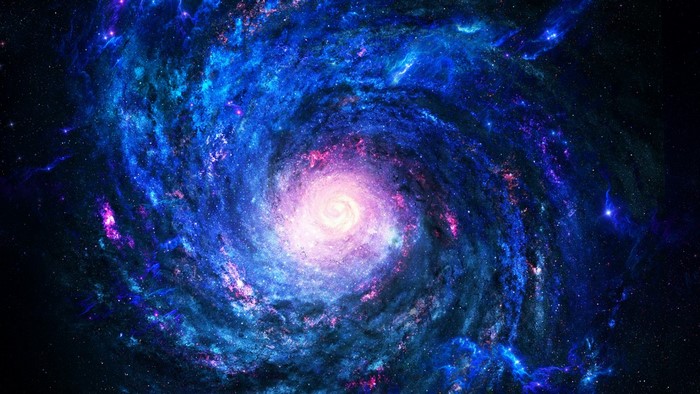 Cosmic spiral galaxy with blue and pink nebulae