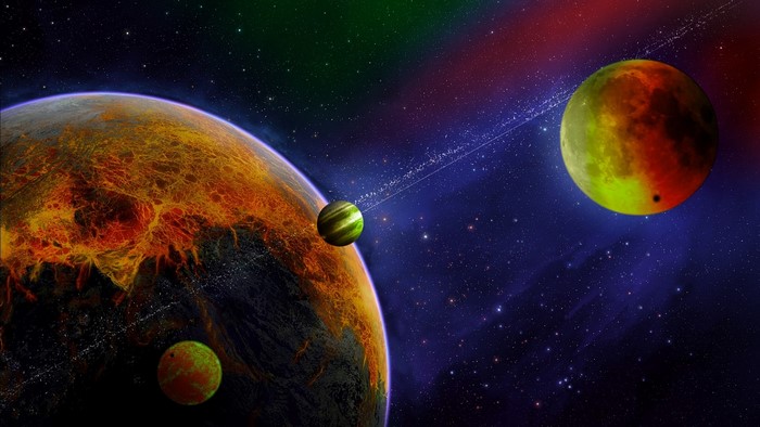 Planets and moons in colorful nebula