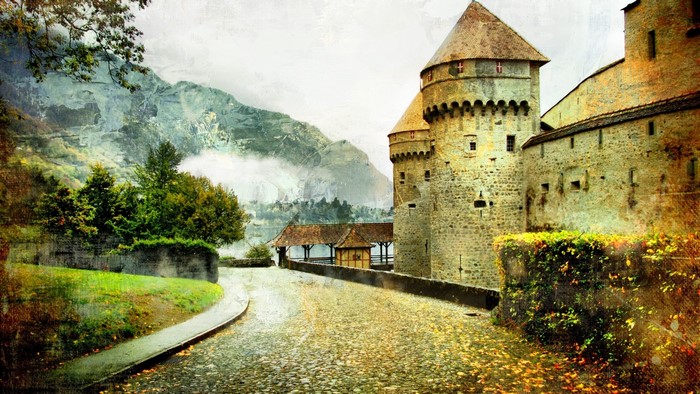 Castle with mountains and trees