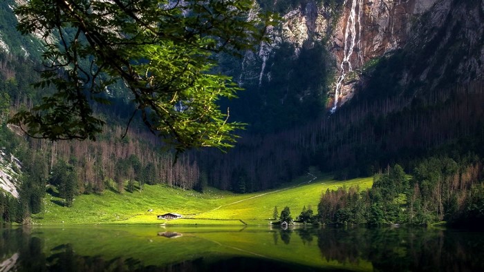 Lake in Bavaria with Waterfall and Cabin