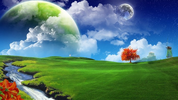 Fantasy landscape with planets and a windmill