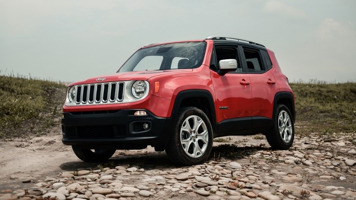 Red Jeep Renegade on a rocky path
