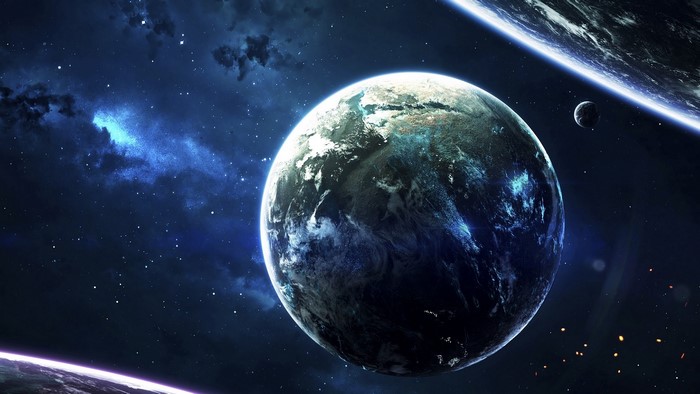 Planets in deep space with nebulae