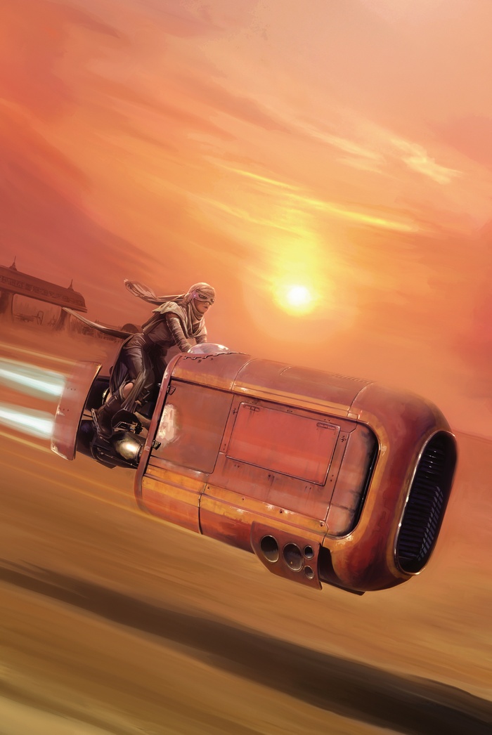 Rey riding a speeder on Jakku from Star Wars: The Force Awakens