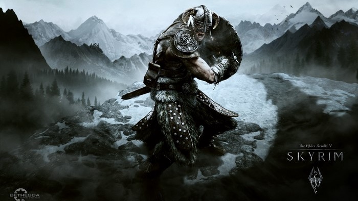 The Elder Scrolls 5: Skyrim warrior in mountains