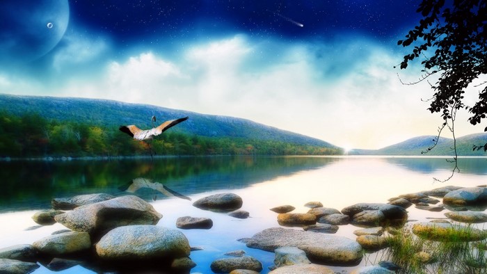 Fantasy Landscape with Bird and Planet