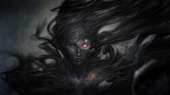 Cracked face with glowing eye from Godsfall TERA