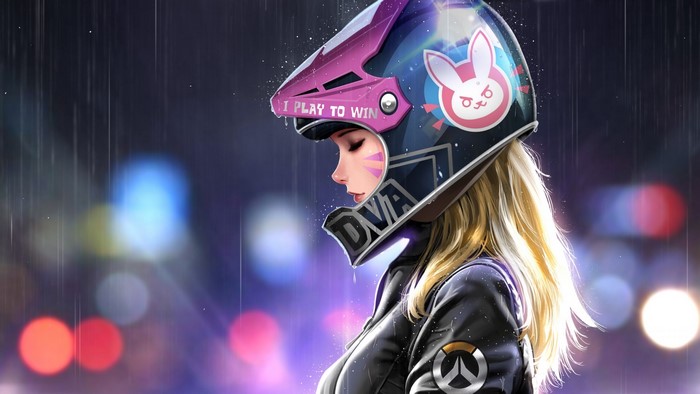 D.Va from Overwatch wearing a biker helmet in the rain