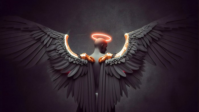 Angel with black wings and neon halo