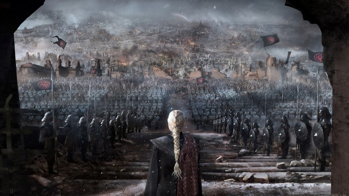 Daenerys Targaryen and her army in a destroyed city