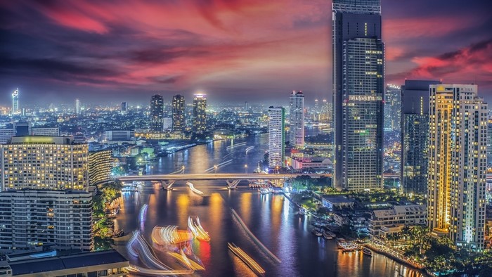 Bangkok cityscape at dusk with Chao Phraya River