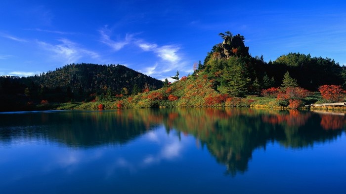 Lake reflecting mountains and trees under blue sky