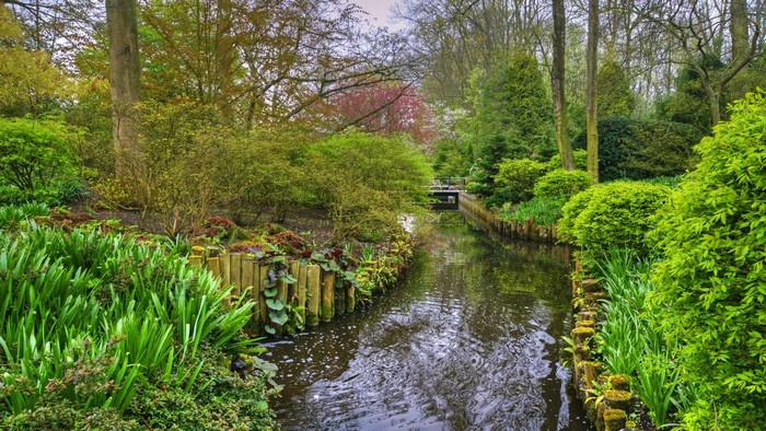Canal in a lush garden in the Netherlands