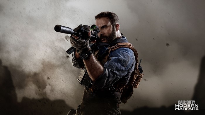 Captain Price from Call of Duty Modern Warfare aiming rifle