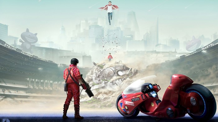 Kaneda and Tetsuo from Akira on a motorcycle in Neo-Tokyo