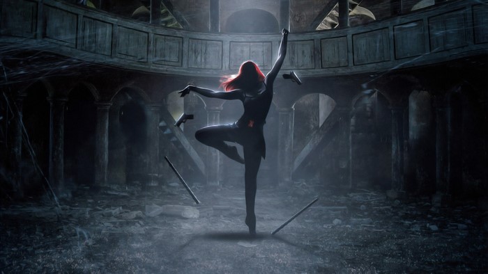 Black Widow performing a ballet pose with guns
