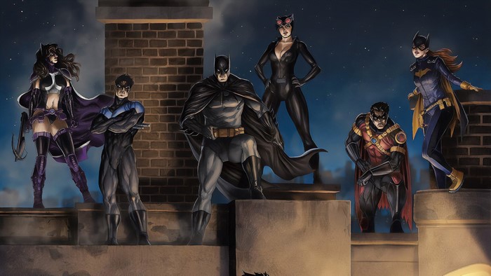 Bat Family standing on rooftops at night