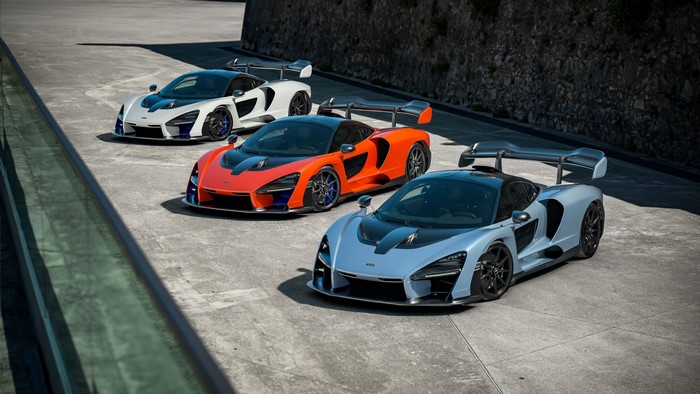 Three McLaren Senna cars in different colors