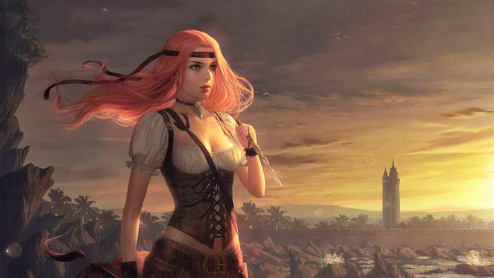 Warrior girl with pink hair and knife