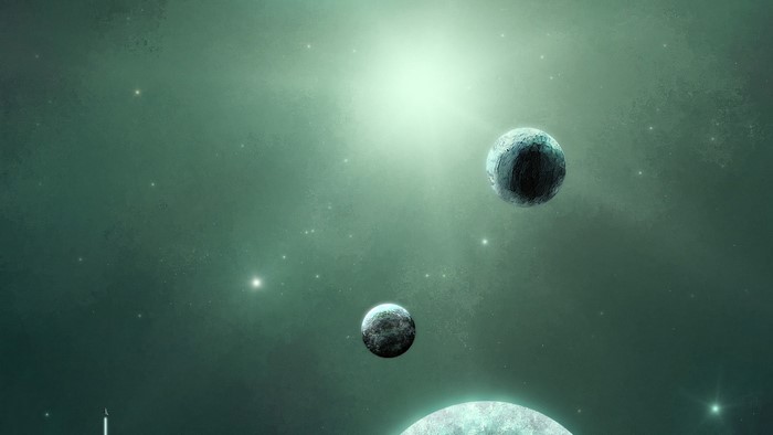 Planets in a green nebula with stars